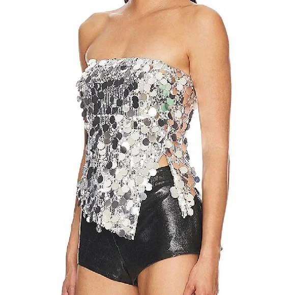 Superdown cordilla strapless top Silver sequin crop bustier Revolve New L - Picture 3 of 9